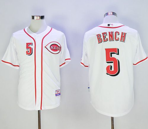 Reds #5 Johnny Bench White Cool Base Stitched MLB Jersey - Click Image to Close